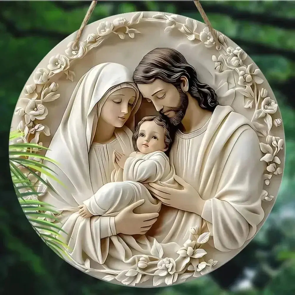 Holy Family metal sign with Virgin Mary, Joseph, and baby Jesus in soft white tones and floral accents. Elegant nativity wall décor.