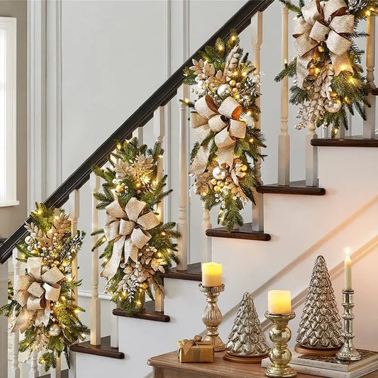Christmas Wreath Hanging Pendant with LED lights on staircase railing, ideal for holiday wall or door decor in home interiors.