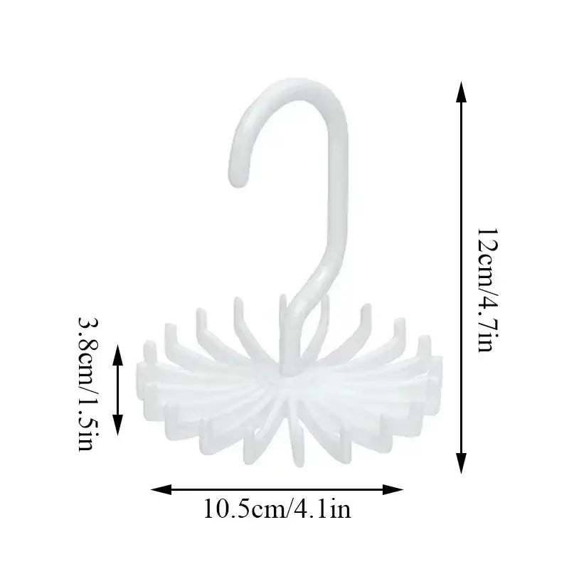 White 360 Rotatable Tie Rack with dimensions 12cm x 10.5cm x 3.8cm, compact design for maximizing closet space.