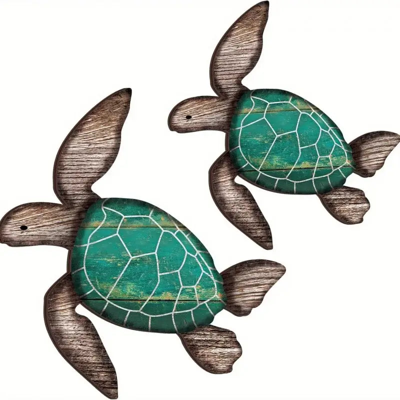 Wooden Turtle Wall Hanging Set - Coastal Decor | Handcrafted featuring green-toned shells and rustic finish, ideal for beach-inspired interiors.