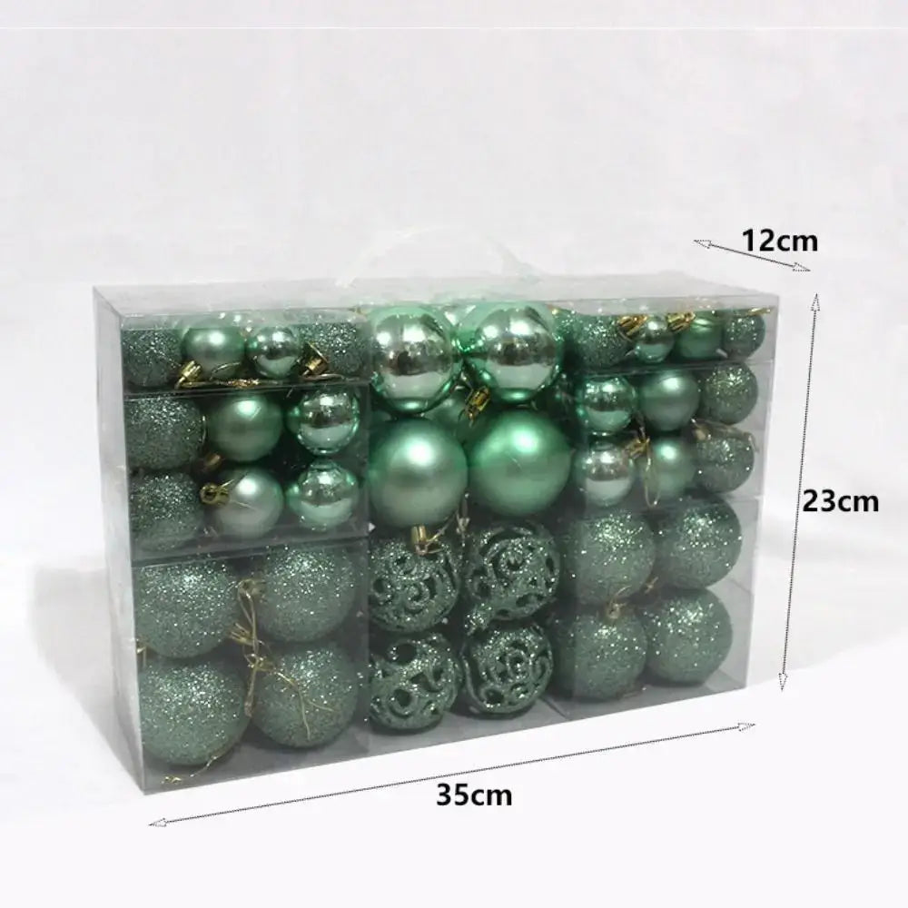 Green 100PCS Plastic Christmas Ball Set with product dimensions shown, includes glitter, matte, and shiny ornaments for Xmas trees.