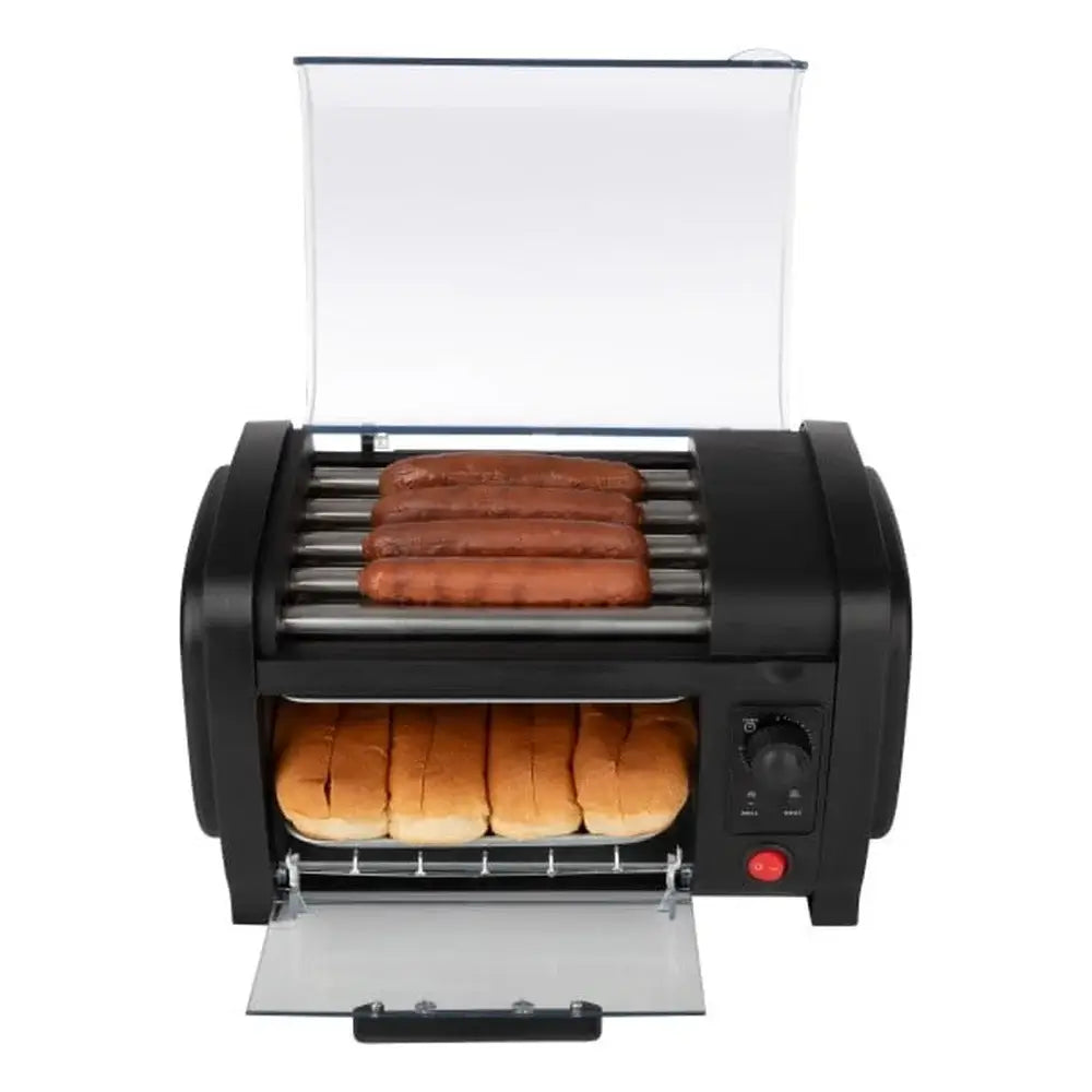 Front view of Stainless Steel Hot Dog Roller with Bun Warmer featuring 5 rollers and lower bun warming tray, ideal for home kitchens.