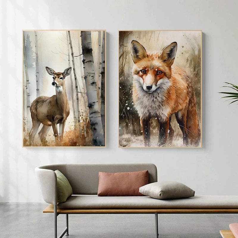 Forest Wildlife Art Poster - Watercolor Canvas Printing showing fox and deer prints above a sofa. Adds a cozy woodland touch to living room decor.