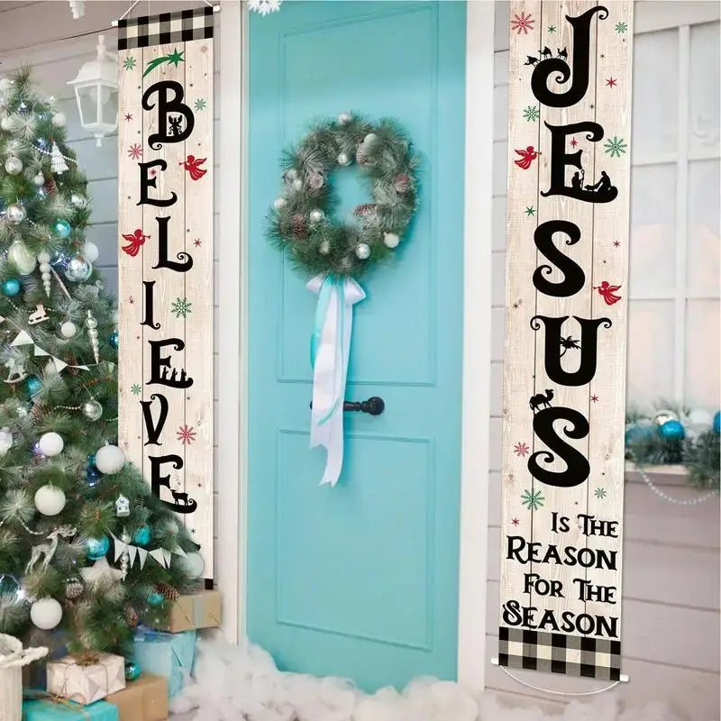 Christmas Outdoor Banner decor on a turquoise front door, adding festive flair with religious messages and holiday-themed graphics.