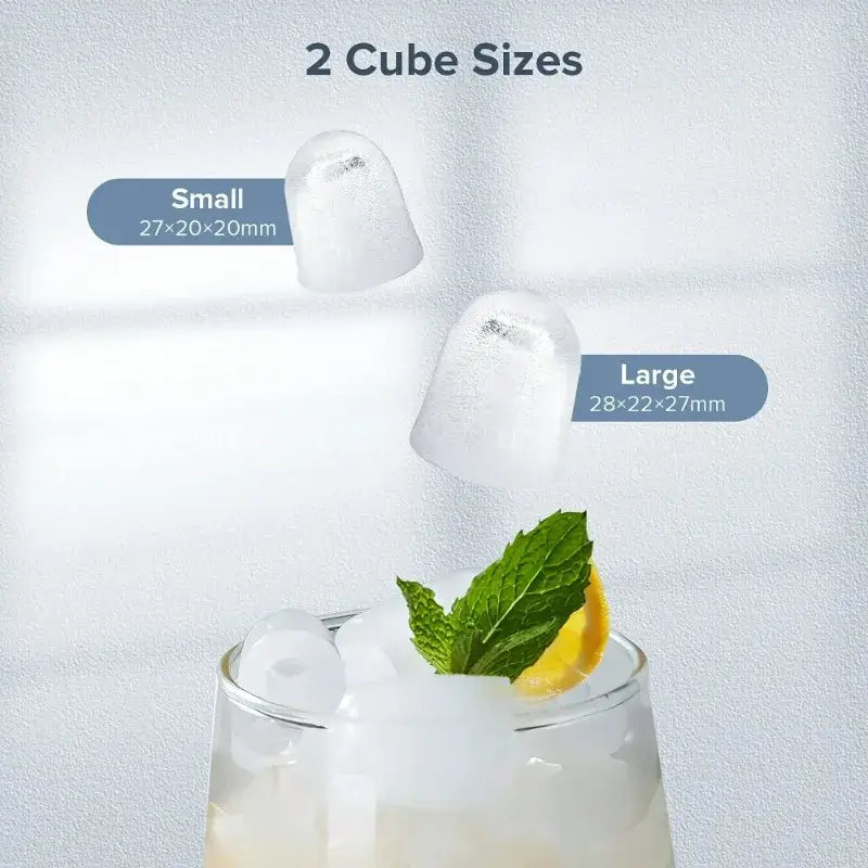Auseo Portable Ice Maker showing two bullet ice cube sizes, small and large, perfect for customizing drinks at home or events.