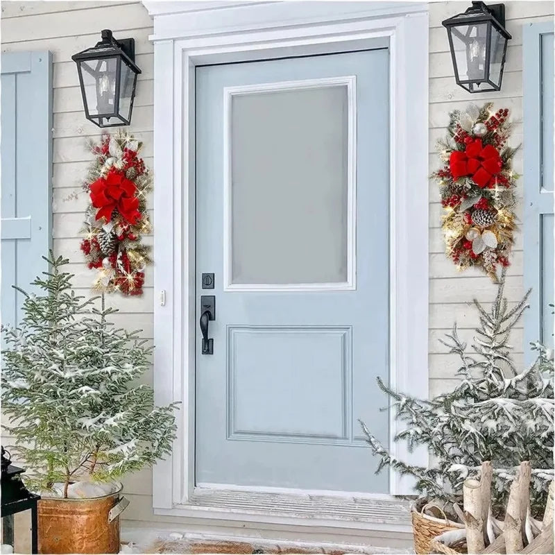 Red Christmas Stair Wreaths flanking front door with pinecones and ornaments. Outdoor holiday decor for welcoming seasonal entryway.