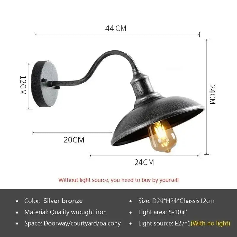 Silver bronze Retro Outdoor LED Wall Lamp with curved arm and size guide, designed for balcony or patio lighting.