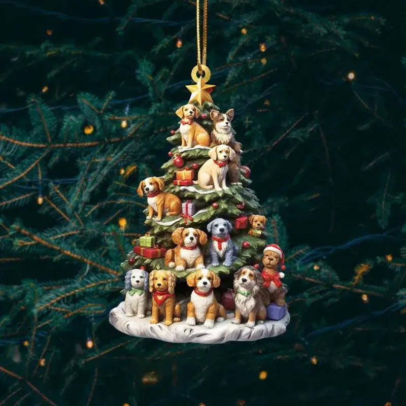 Christmas tree ornament featuring dogs around a tree with gifts, a festive and adorable holiday decoration for pet lovers.