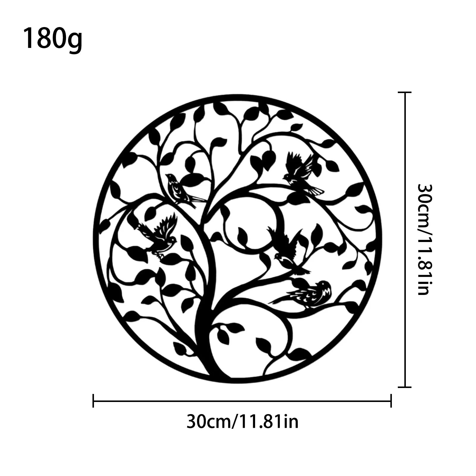 Round Tree Metal Wall Decor with birds and vines, 30cm diameter, lightweight black silhouette for indoor or outdoor use.