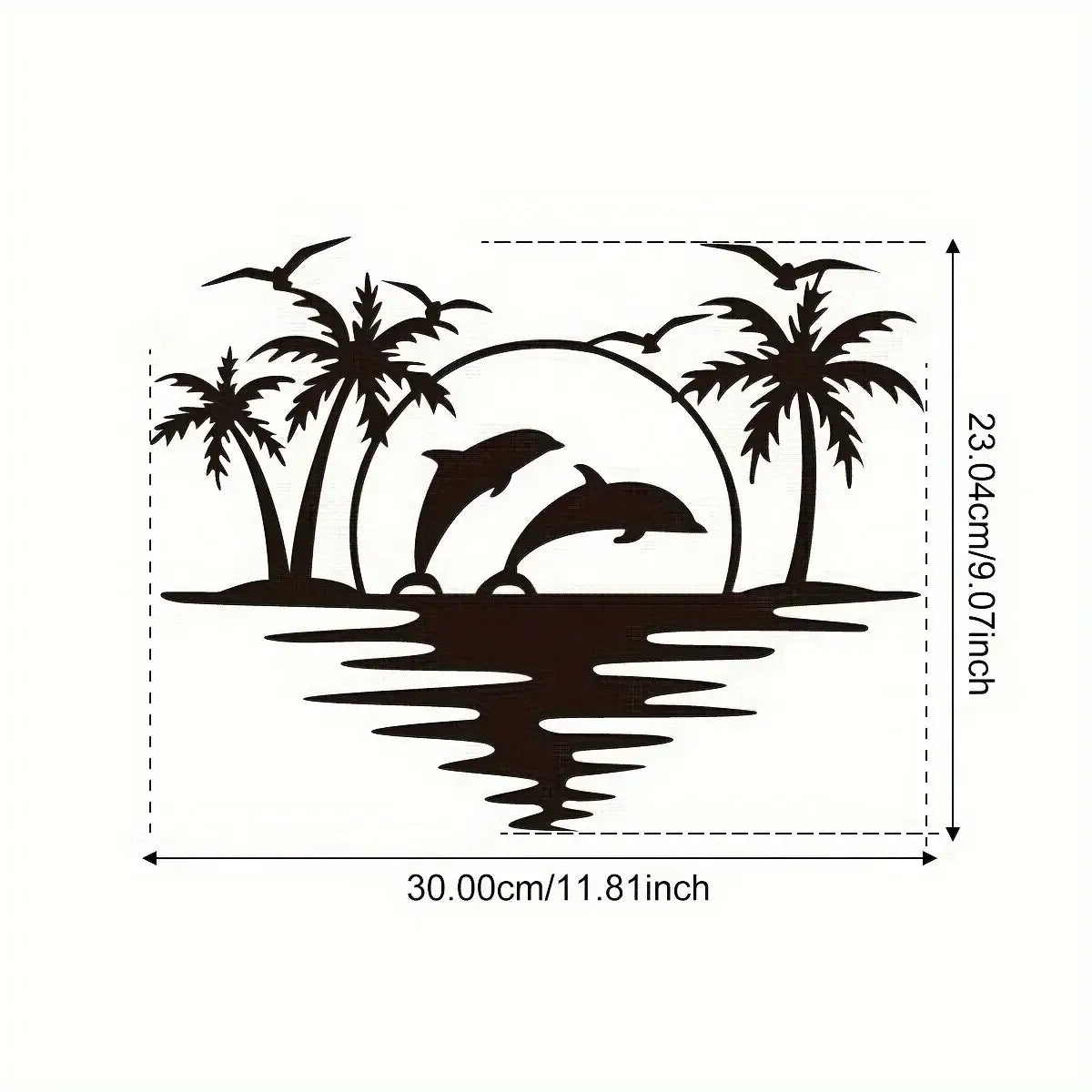Dimensions of Creative Dolphin Coconut Tree Beach Iron Indoor Outdoor Decoration shown as 30cm x 23.04cm, ideal for wall mounting in any space.