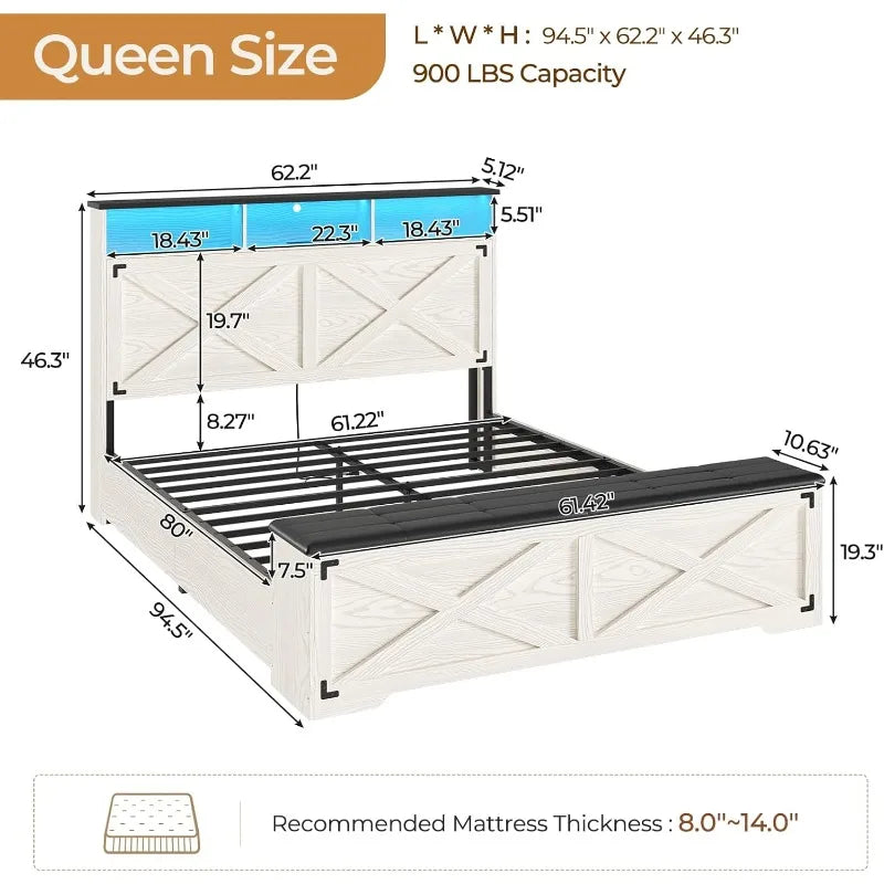Dimensions of the Farmhouse Queen Bed Frame with Storage shown with detailed measurements, highlighting sturdy metal slats and 900 lbs weight capacity.