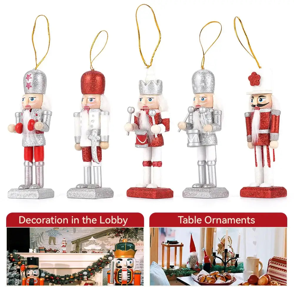 5-piece Wooden Nutcracker Soldier Set displayed as table ornaments and lobby decor, perfect for festive Christmas home decoration.