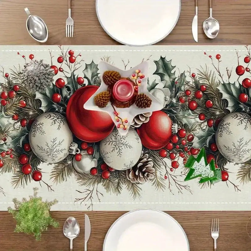 Holiday-themed Linen Table Runner featuring red and white ornaments, pinecones, and berries, styled on a Christmas dinner table.
