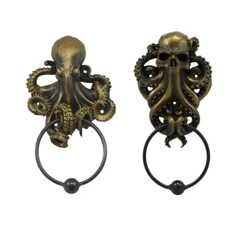 Two variations of octopus skull resin door knockers side by side, one with a skull and one without, both with black iron rings and gothic design.