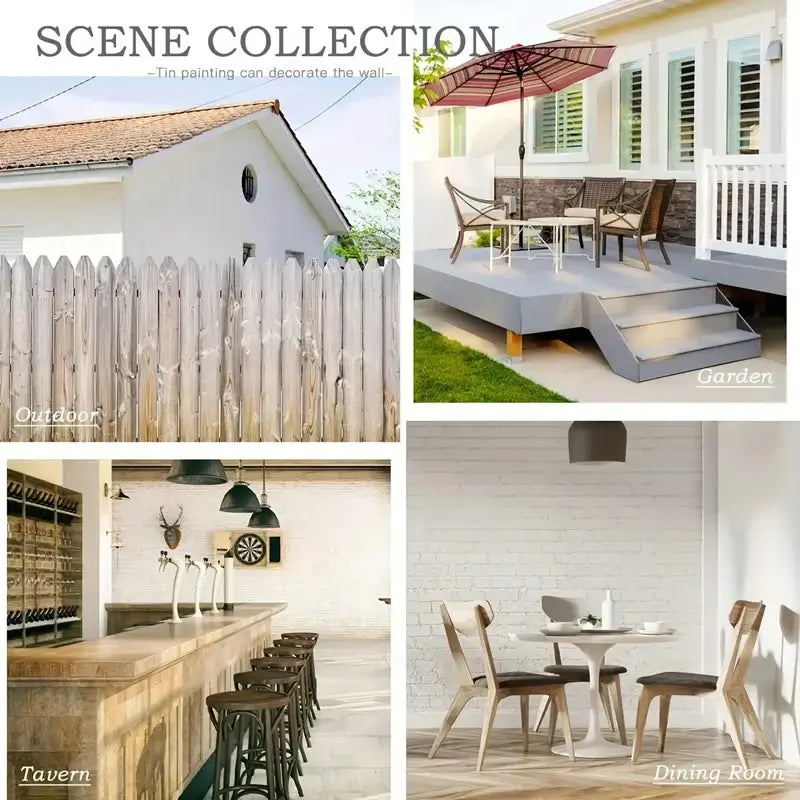 Scene collection showing round Nativity aluminum sign used in garden, tavern, dining room, and outdoor fence decor.