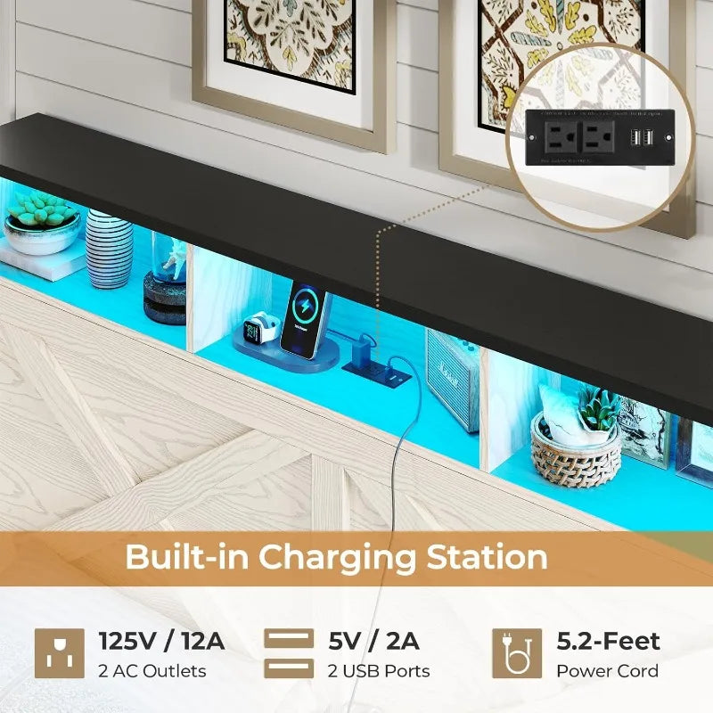 Built-in charging station on Farmhouse Queen Bed Frame headboard includes AC outlets, USB ports, and 5.2-foot power cord for convenient device charging.