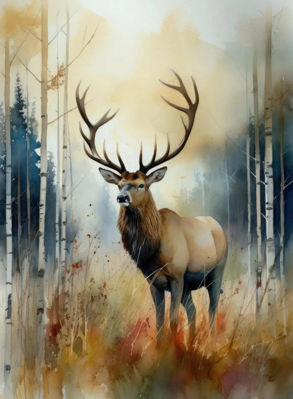 Forest Wildlife Art Poster - Watercolor Canvas Printing of a majestic elk in a misty forest. A stunning centerpiece for nature-themed rooms.
