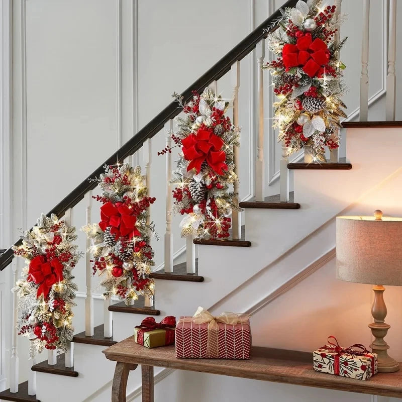 Red Christmas Stair Wreaths with lights and ornaments on staircase. Holiday garland decor enhances festive indoor stair railings.