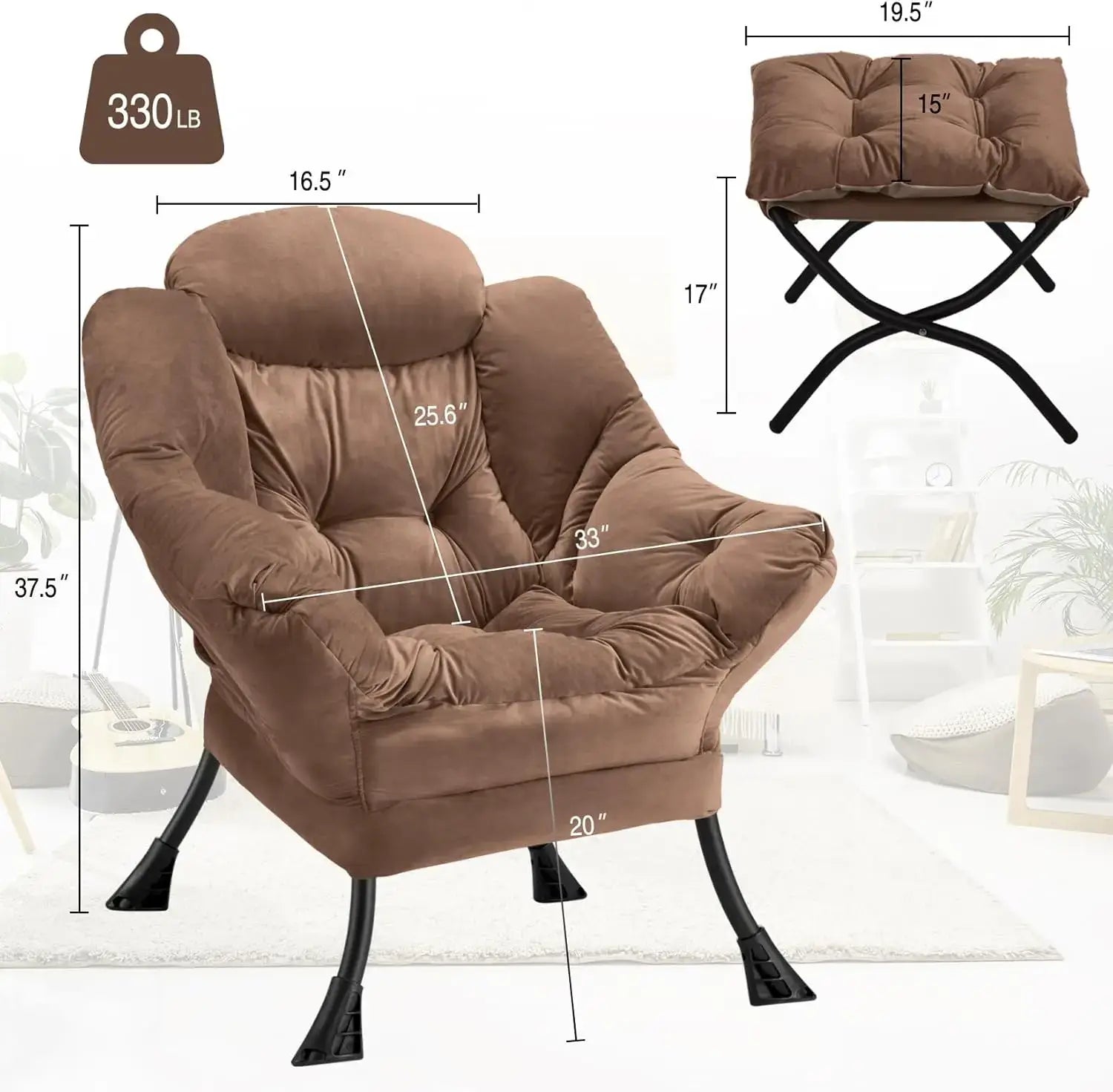 Ergonomic Lazy Chair with Ottoman featuring detailed dimensions and weight capacity, perfect for home furniture selection.