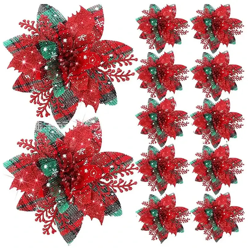 Red and green glitter poinsettia ornaments in a 5/10Pcs set. Festive floral decorations perfect for Christmas trees and holiday arrangements.