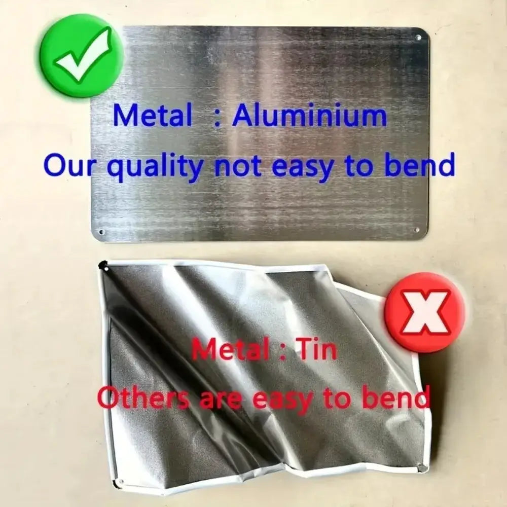 Comparison of aluminum vs tin metal signs showing aluminum's durability. Aluminum beach decor resists bending unlike tin alternatives.