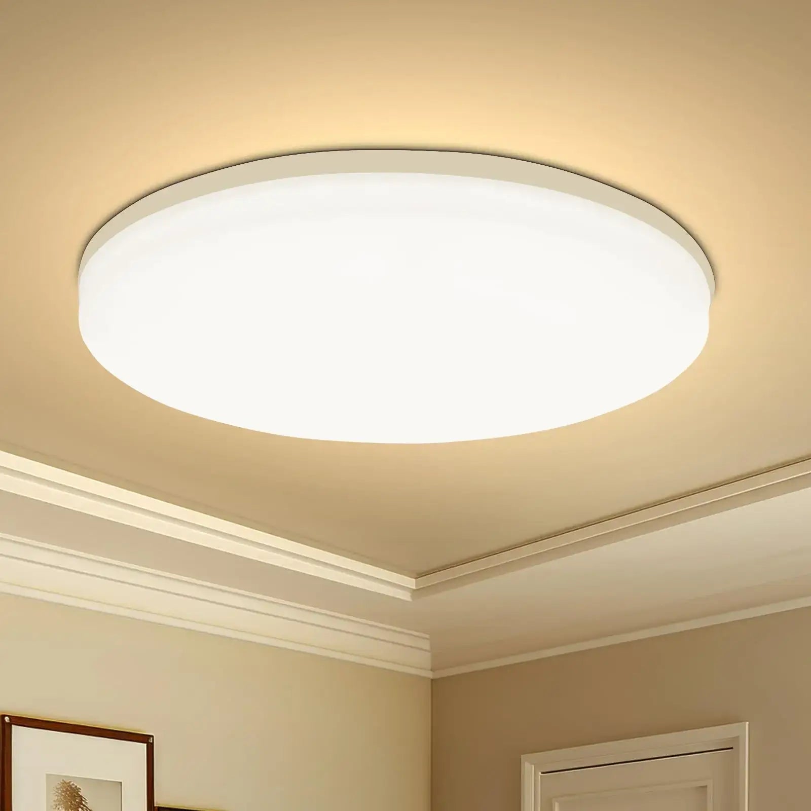 Warm-toned Round LED Ceiling Light installed in a cozy room. Blends minimalist design with soft ambient lighting for home decor.