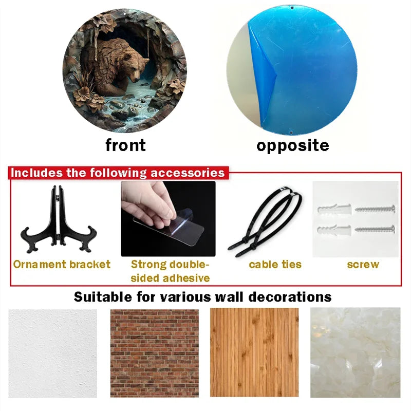 Accessory kit for Brown Bear Cave Aluminum Sign includes stand, adhesive, cable ties, and screws. Suitable for various wall surfaces.