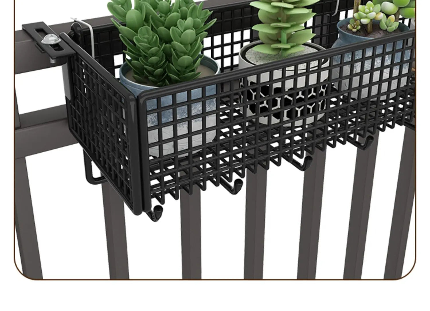 Side view of Balcony Plant Stand Windowsill with grid design and potted plants. Hooks underneath offer added hanging storage.