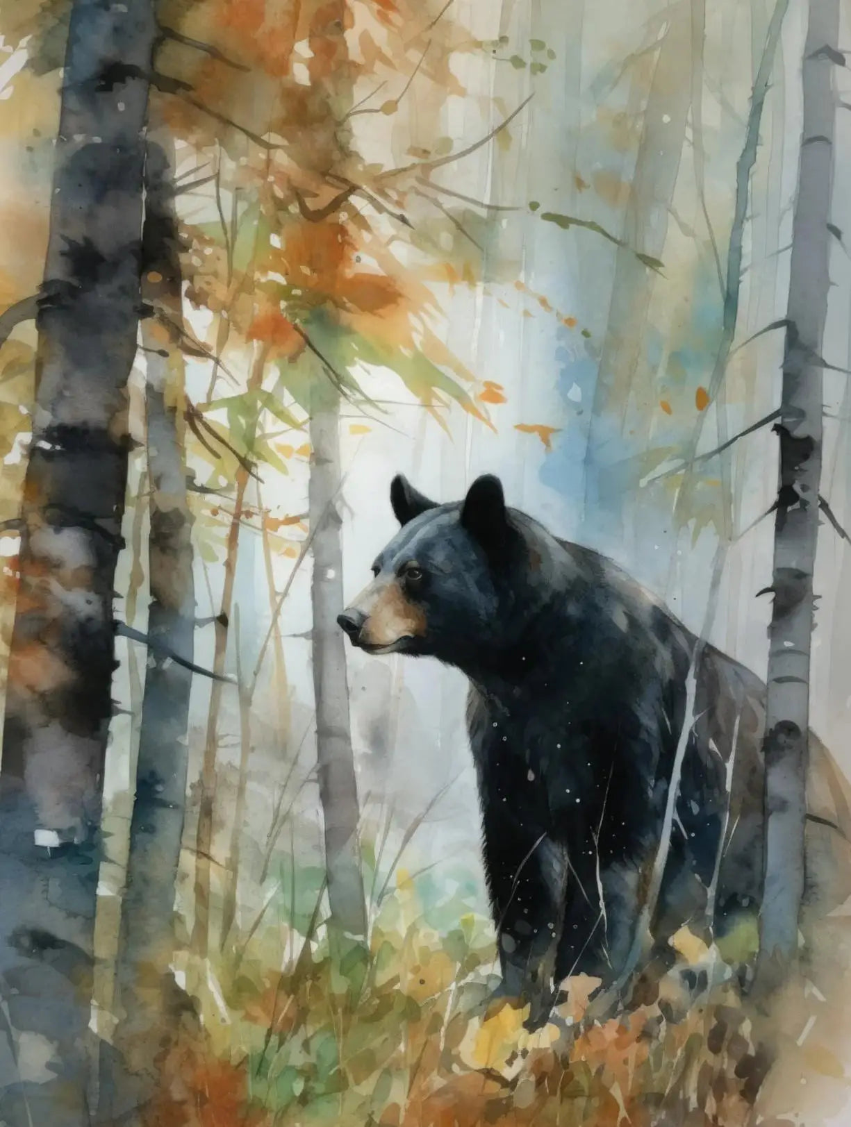 Forest Wildlife Art Poster - Watercolor Canvas Printing of a black bear in a colorful autumn forest. A vibrant wildlife print for rustic interiors.