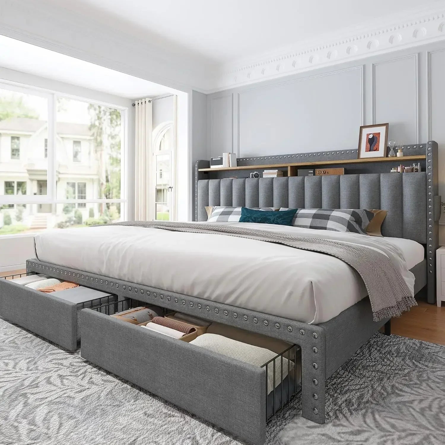Upholstered King Bed Frame with 2 Storage Drawers & 2-Tier Tufted Headboard