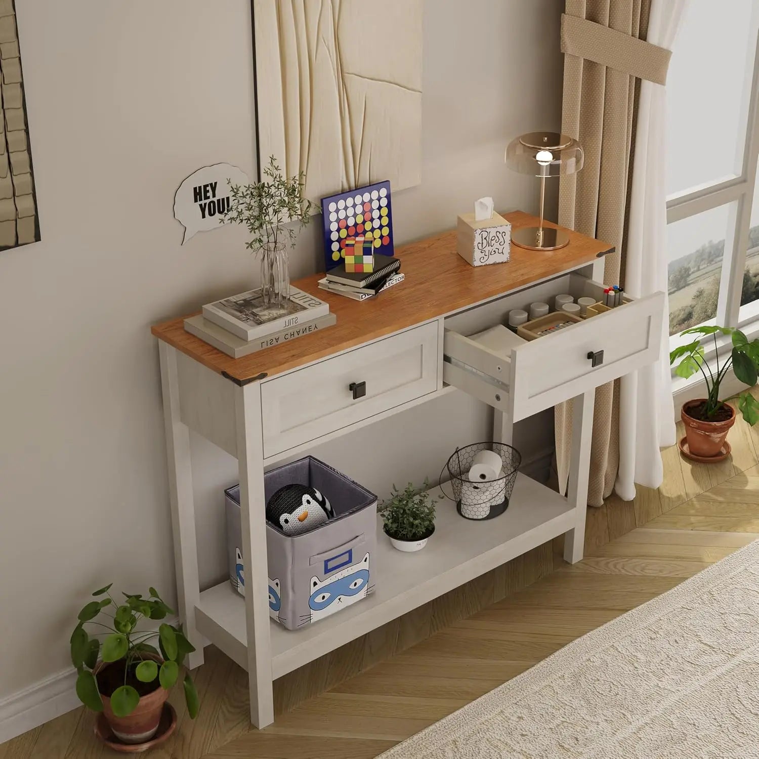 Console Table with 2 Drawer for Entryway used as a desk and storage unit. Perfect for organizing essentials in small living areas.