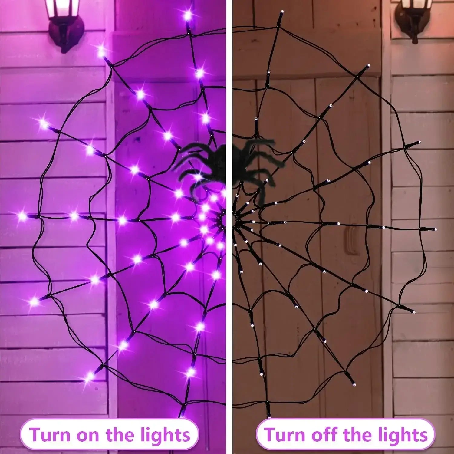 Comparison of Halloween Ghost LED Light String turned on and off, showing spider web design for porch or wall decor.
