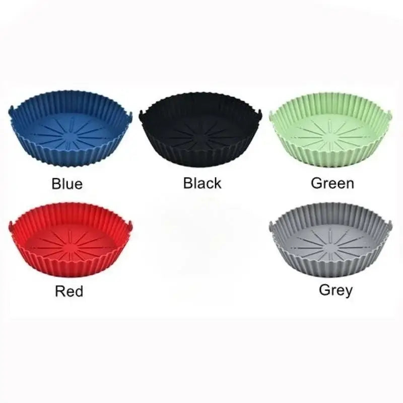 Five color options of air fryer silicone liners pot labeled blue, black, green, red, and grey. Flexible and reusable for daily cooking.