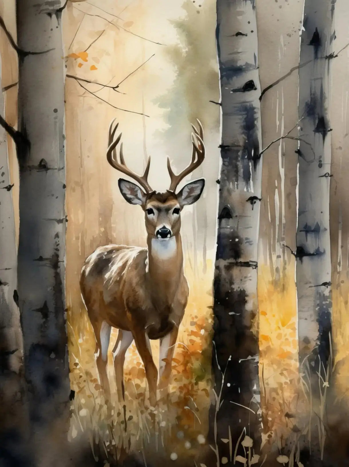 Forest Wildlife Art Poster - Watercolor Canvas Printing of a deer among birch trees in autumn. A serene and elegant woodland wall art piece.