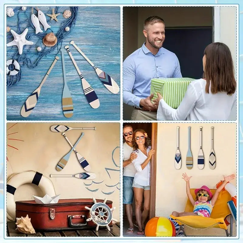 Collage showing nautical paddles decor as a gift and wall accent, ideal for beach-themed home decor and summer celebrations.