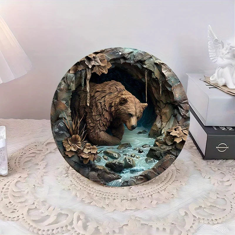 Rustic Brown Bear Cave Aluminum Sign displayed on a lace-covered table. Lightweight and waterproof for versatile home decor use.