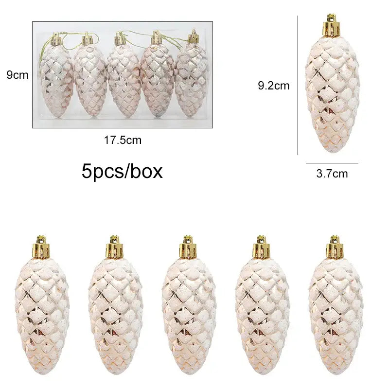 White 5Pcs Christmas Pinecone Hanging Pendants set with packaging and size details for festive home décor.