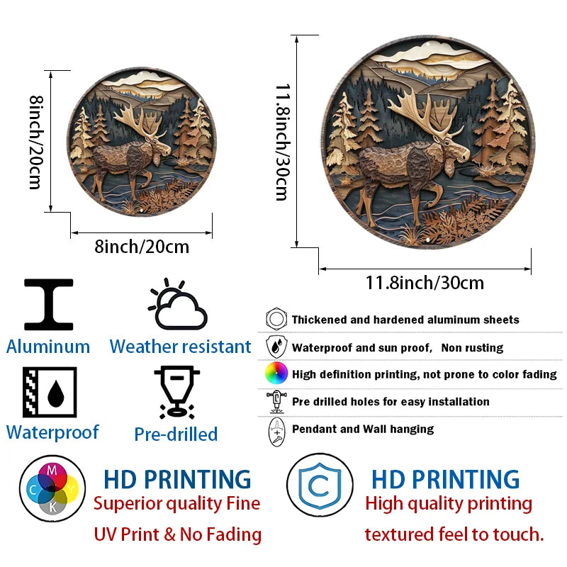 Moose Wall Art - Silhouette Metal Sign for Decor size comparison chart with 8-inch and 11.8-inch options, showing aluminum build and waterproof features.