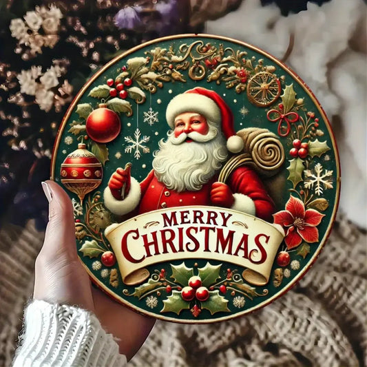Santa Claus Christmas Metal Sign, Round 2D Plaque