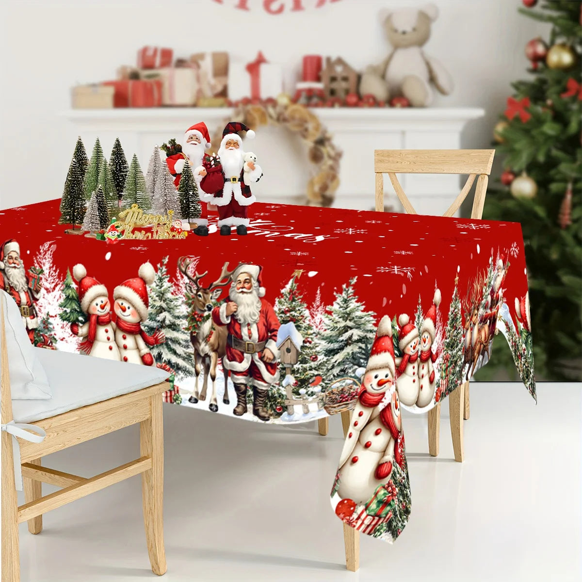 A Christmas Santa Claus tablecloth adds a festive touch to any holiday gathering, featuring cheerful designs of Santa, reindeer, and snowy scenes. 