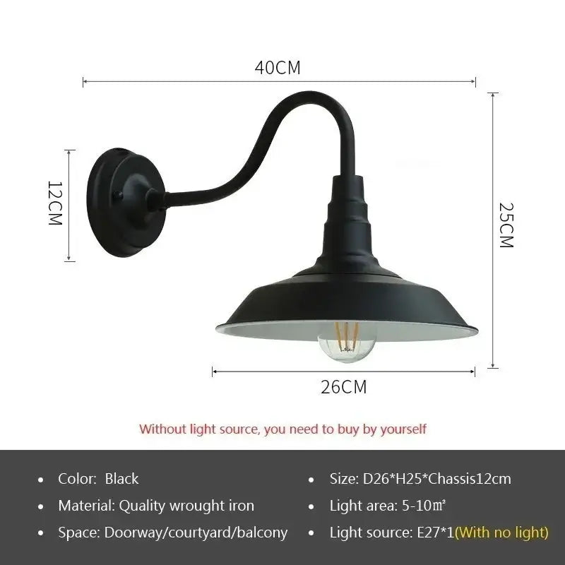 Black Retro Outdoor LED Wall Lamp with size chart, durable iron fixture ideal for waterproof exterior lighting solutions.