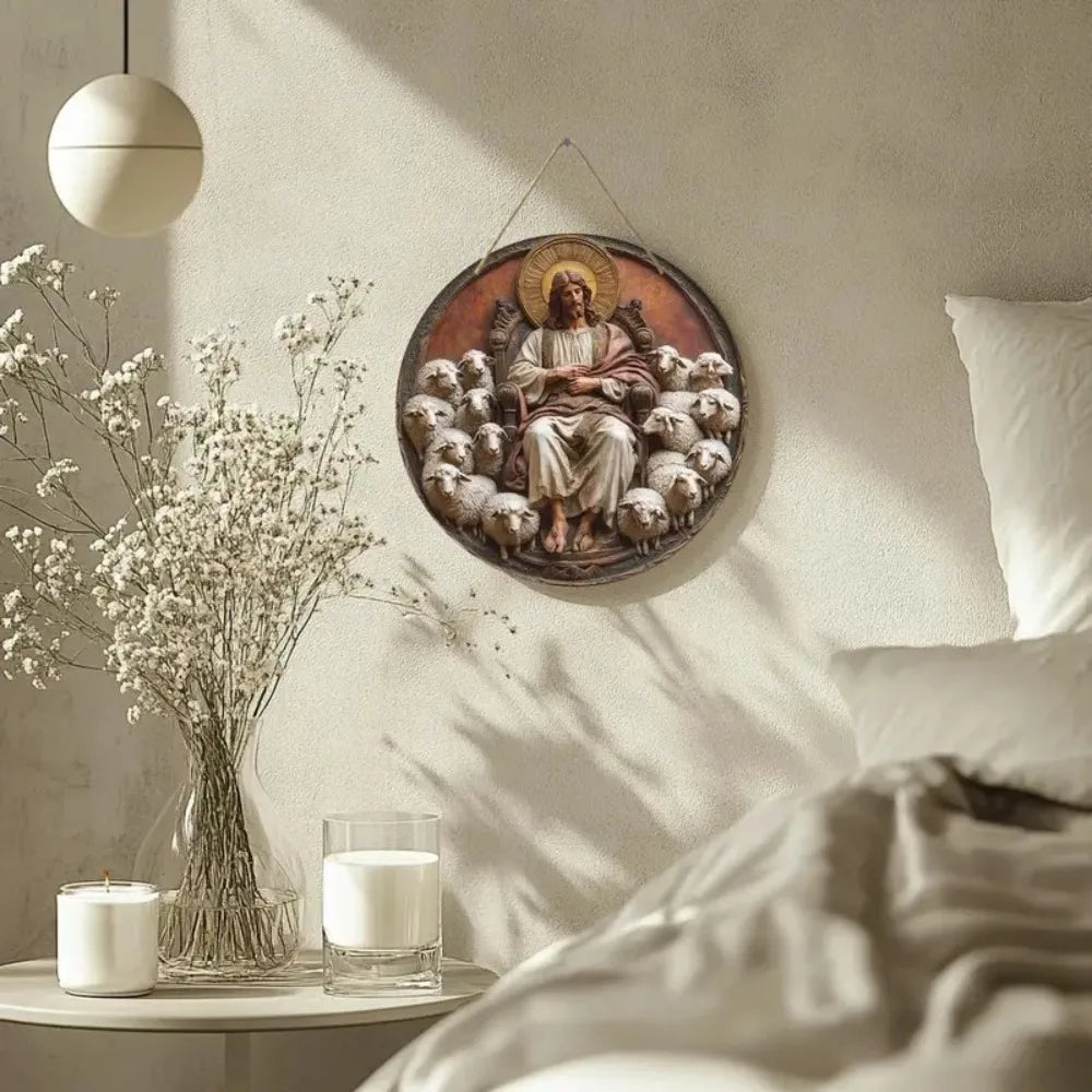 2D Retro Jesus Sign - Wooden Welcome with Jesus and sheep displayed in a cozy bedroom, perfect for winter and Christmas ambiance.