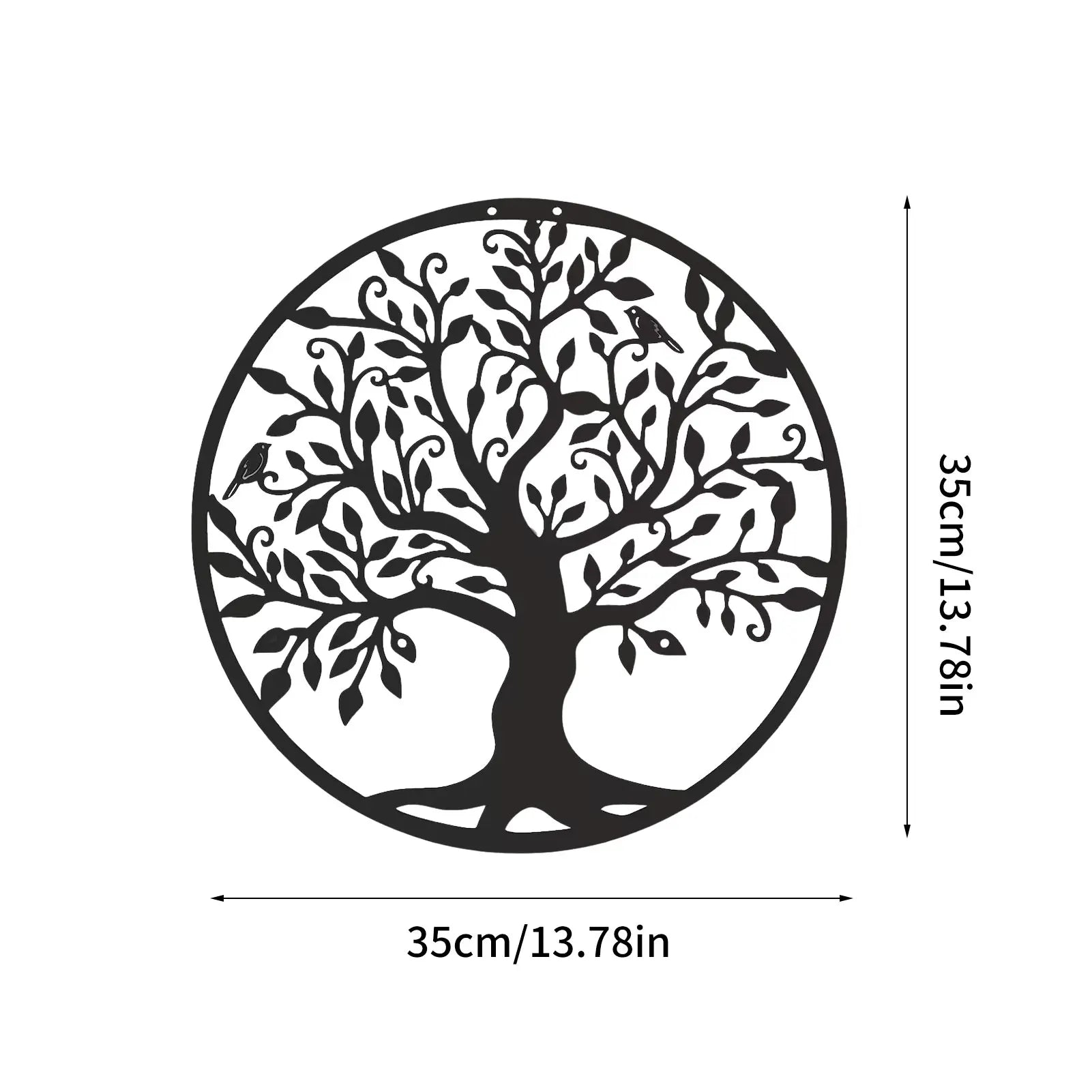 Tree of Life Round Metal Wall Art, 35cm diameter with bird accents, black silhouette design for elegant home wall decor.
