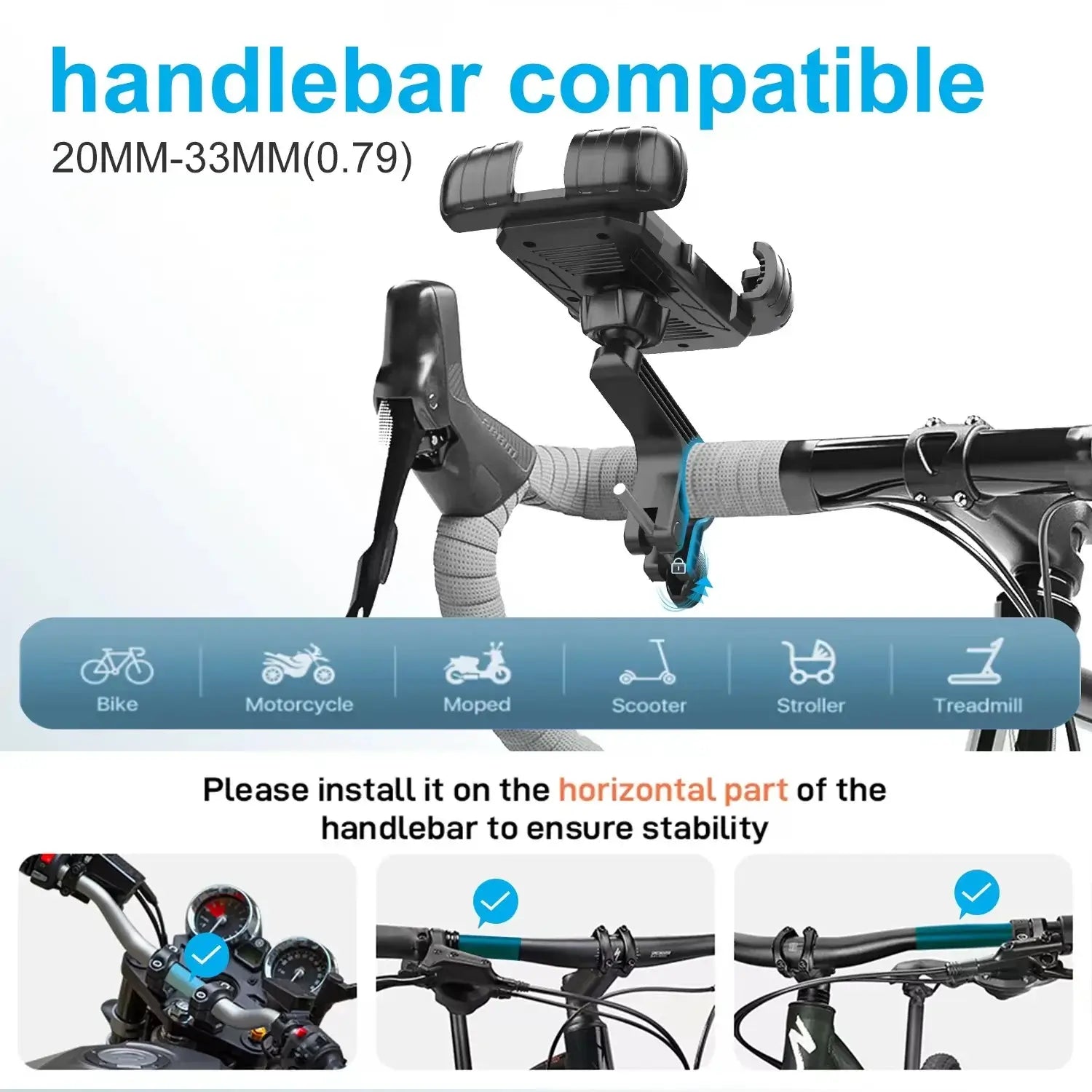 Handlebar compatibility chart for 360° View Phone Holder - Motorcycle Bicycle Compatible, fits 20mm-33mm bars on bikes, strollers, and treadmills.