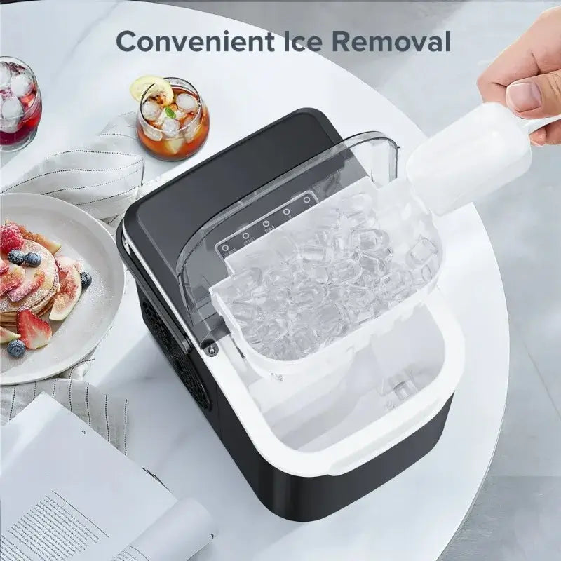 Top view of Auseo Ice Maker with open lid and scoop, showing convenient ice removal for quick serving during gatherings or daily use.