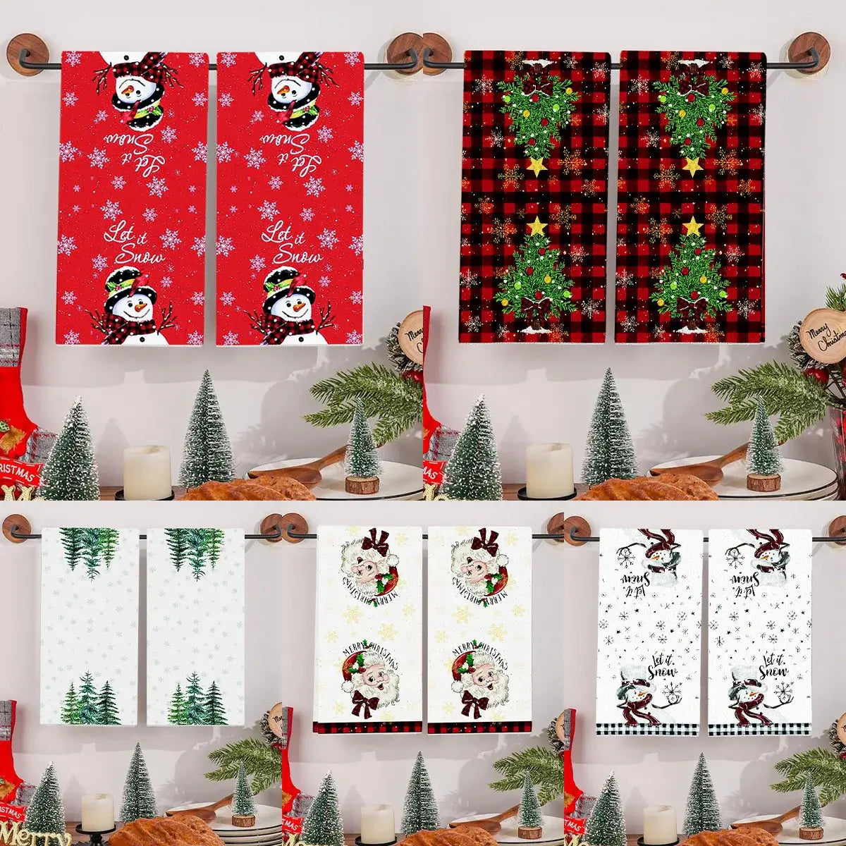 Colorful Christmas kitchen towels featuring snowmen, trees, and reindeer. Quick-dry cotton towels ideal for seasonal kitchen decoration.