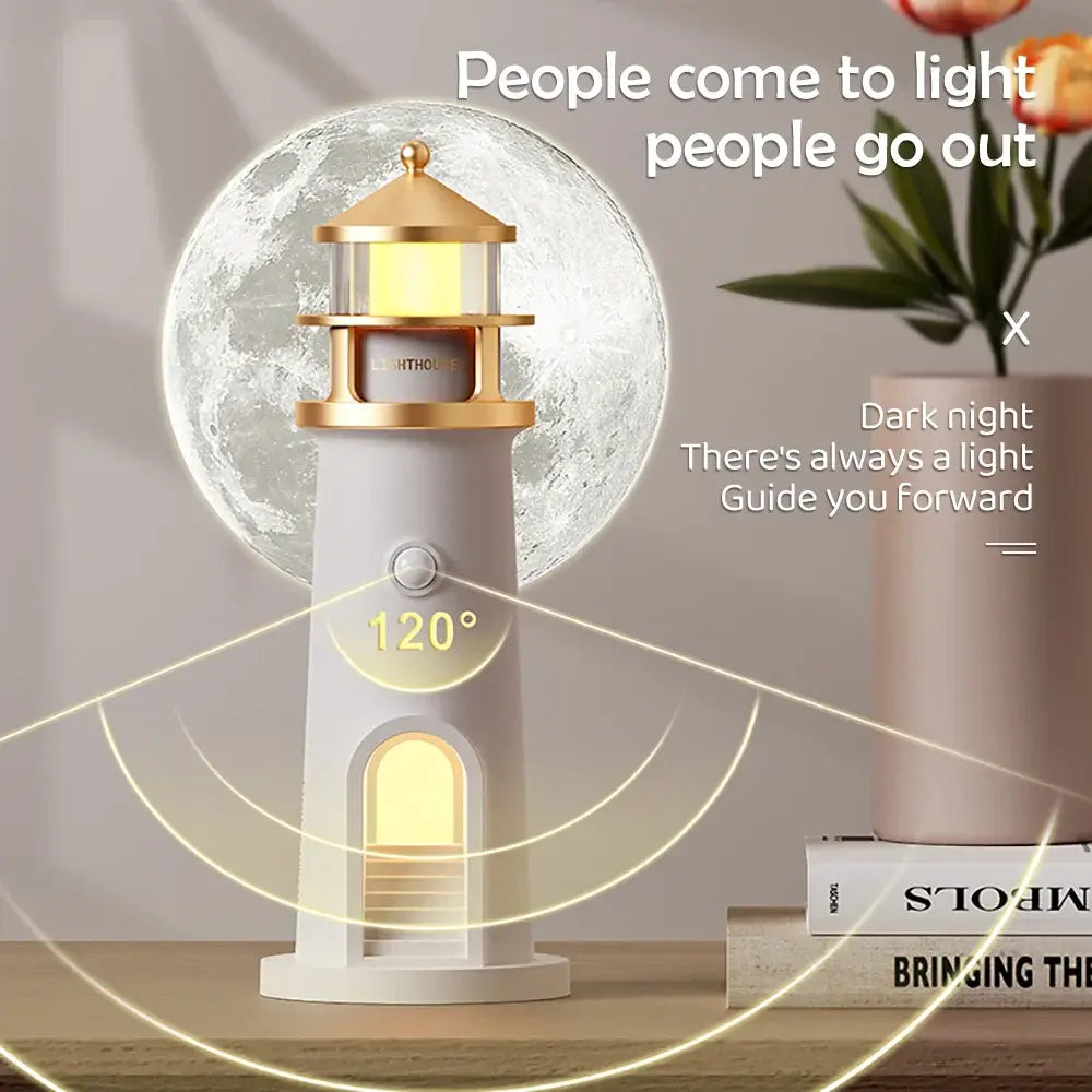 Lighthouse Bluetooth Ambient Light with 120° motion sensor and moon projection, ideal for night lighting and smart home decor.