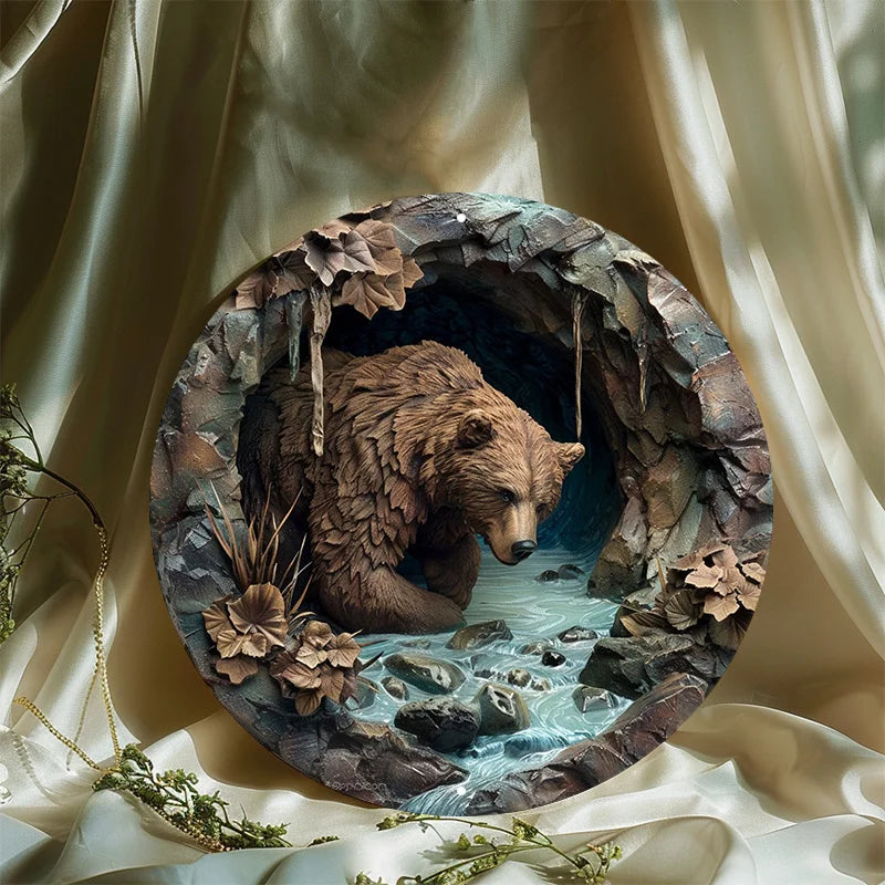 Close-up of Brown Bear Cave Aluminum Sign on satin fabric. Textured HD print enhances the realistic wilderness scene.