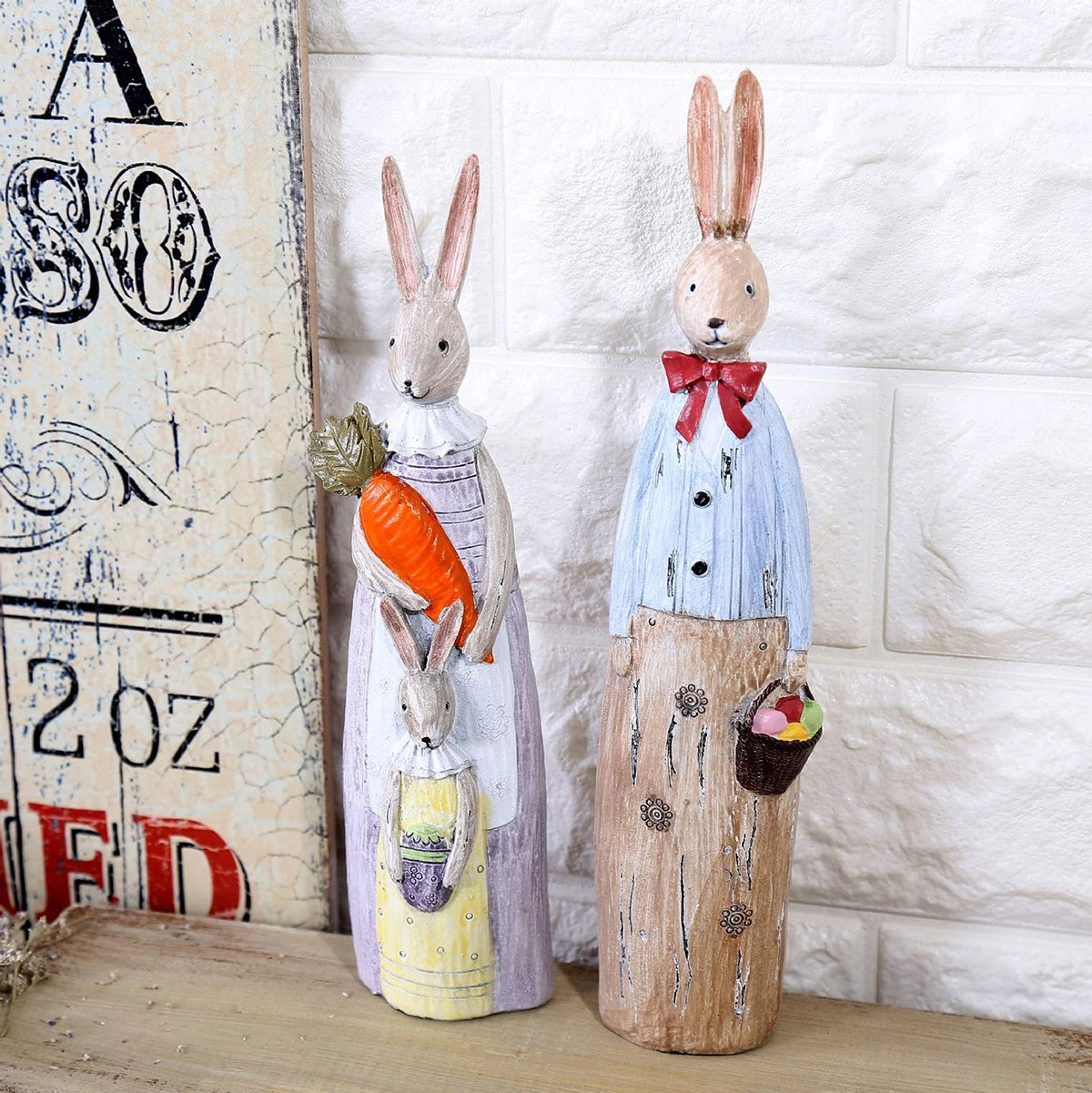 Wood Grain Resin Bunny Couple Statue - Handmade