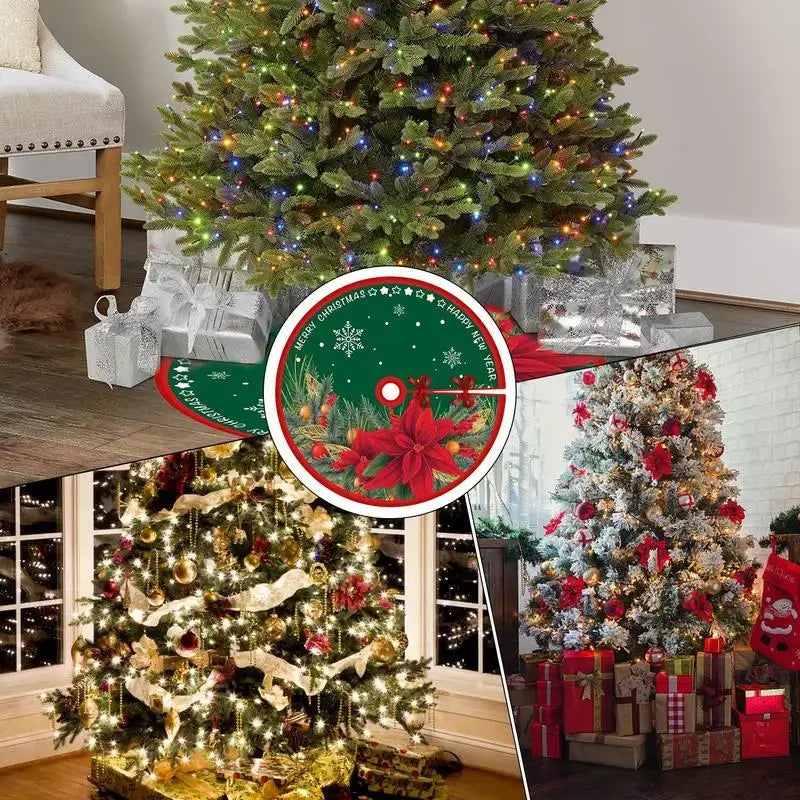 Assorted polyester Christmas tree skirts under decorated trees. Each 90cm skirt enhances seasonal ambiance with vibrant holiday themes.